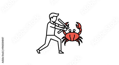Man defending against a red crab with sticks, representing a symbolic challenge or struggle
