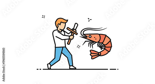 Stylized illustration of an individual confronting a colossal crustacean with a symbolic wooden