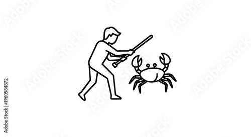 Minimalist line icon depicting a human figure engaging with a marine crab creature using a simple