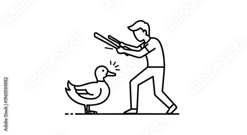 Outline illustration of a person confronting an agitated duck with two sticks in a humorous
