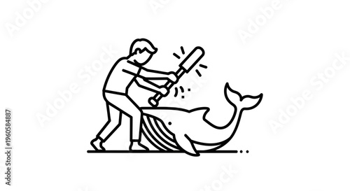 Stark line art depicting human aggression towards marine life, symbolizing environmental impact