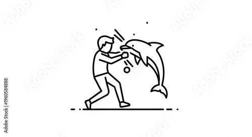 Outline illustration of a person engaging with a playful jumping dolphin in a minimalist style
