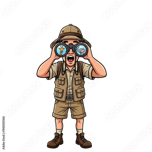 Thrilled young explorer eagerly peers through binoculars, spotting wild animals like giraffes and elephants, embodying the excitement and wonder of a safari adventure
