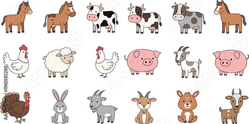 Farm animals collection cartoon cow pig sheep goat chicken horse and rabbit vector illustration set