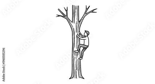 A determined individual ascending a tall tree trunk, illustrating ambition and upward movement
