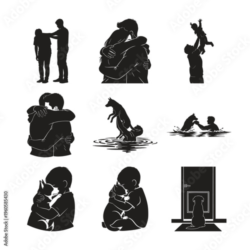 People and pets silhouette set bundle, showing affection and playtime