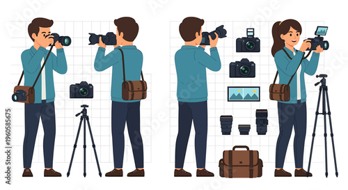 Illustrative set of male and female photographers with digital cameras and full professional equipment, ideal for capturing creative visuals and artistic projects