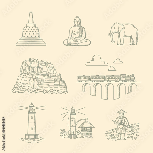 Sri Lanka Cultural and Landmark Line Art Icons Collection