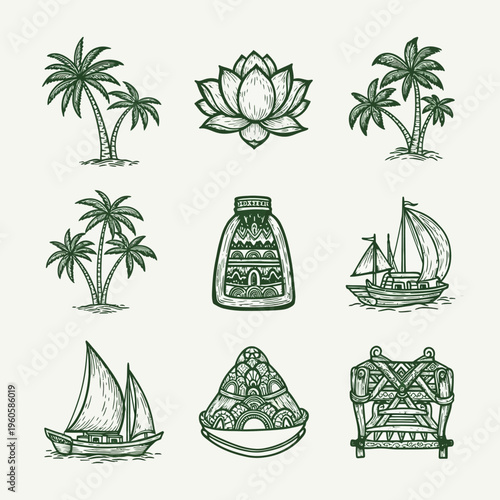 Set of Hand-Drawn Tropical and Traditional Cultural Icons including Palm Trees, Boats, and Lotus Flower in Vintage Linocut Style