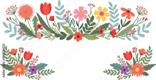 Floral frame and bouquet collection with colorful flowers leaves and decorative botanical arrangements vector illustration set