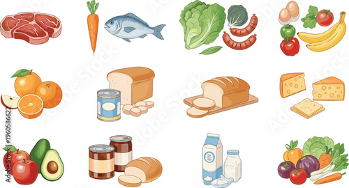 Food groups collection with meat fish vegetables fruits dairy and bread healthy nutrition vector illustration set