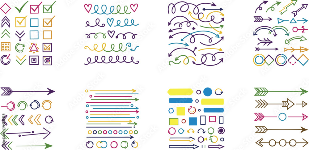 Naklejka premium Hand drawn arrows and doodle elements collection with swirls checkmarks lines and decorative pointers vector illustration set