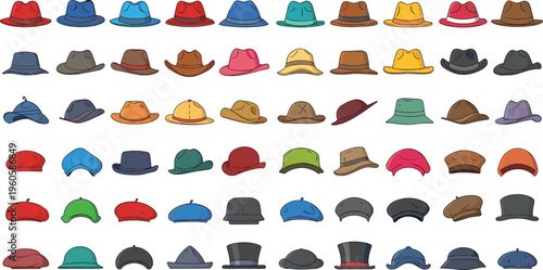 Hat collection with different styles including cowboy fedora cap and vintage headwear cartoon vector illustration set