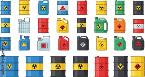 Hazardous chemical containers collection with toxic radioactive warning barrels and canisters safety symbols vector illustration set