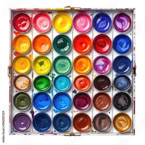 An overhead view of a well-used artist's watercolor paint palette displaying a vibrant spectrum of colors in individual pans.