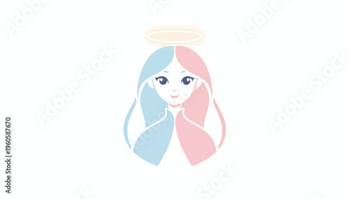 A captivating minimalist illustration of an angelic figure with pastel hair and a golden halo