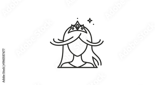 Elegant crowned feminine figure in minimalist line art style with sparkling tiara icon