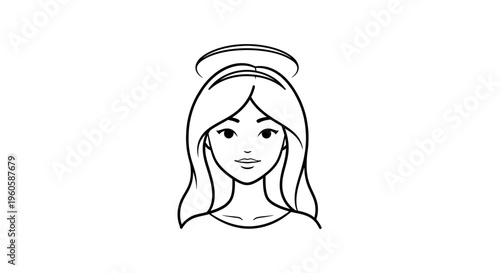 Elegant Line Art Portrait of a Serene Woman with a Halo Representing Purity and Grace