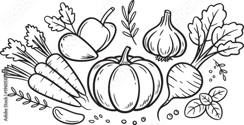 Hand drawn vegetable basket line art fresh farm produce healthy food