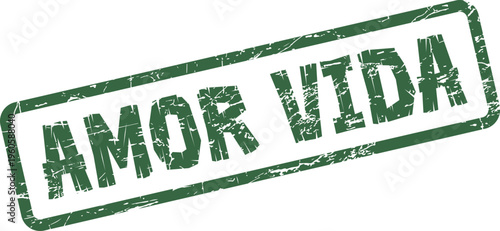 Amor Vida distressed green stamp design promoting the universal feeling of love for life