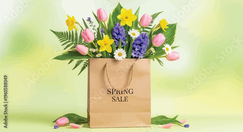 Beautiful spring bouquet of colorful flowers bursting from a brown paper "Spring Sale" shopping bag on a soft green background.