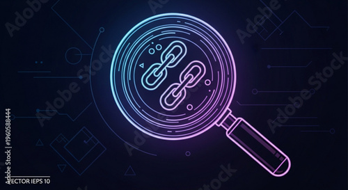 Neon magnifying glass with chain links on dark background symbolizing investigation and connection