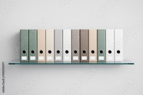 Archival Array: An orderly row of color-coded binders on a sleek glass shelf, embodying organization, precision, and the power of knowledge, perfect for business or educational concepts.
