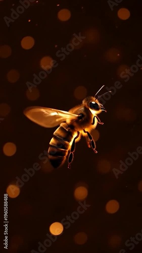 A single insect with striped body flies in soft focus background