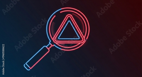 Neon magnifying glass with triangle warning sign on dark background symbolizing search and caution