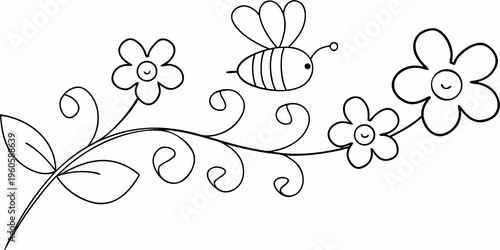 Charming black and white illustration of a bee with stylized flowers