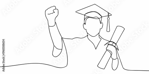Line drawing of a graduate celebrating with a raised fist