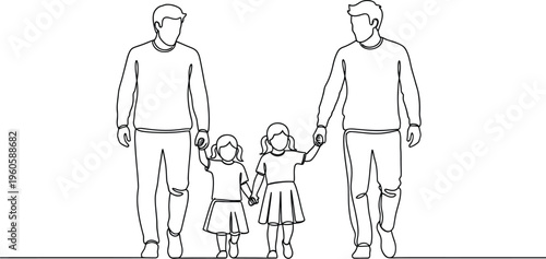 Continuous line drawing of two men and two young girls walking together, holding hands, symbolizing a happy modern family bond and togetherness.