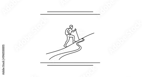 Minimalist outline depiction of an adventurer ascending a winding uphill trail with a trekking pole