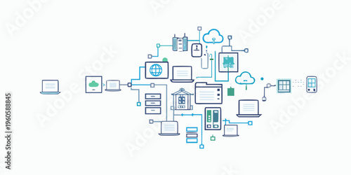 Interconnected devices forming a network and cloud computing illustration