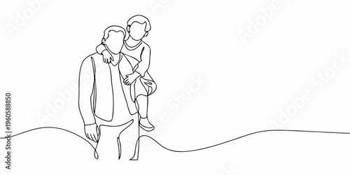 Line drawing depicts a father carrying a child on his shoulders