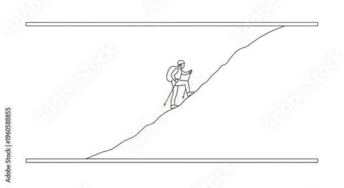 Minimalist line art illustration of a determined hiker ascending a challenging mountain path with