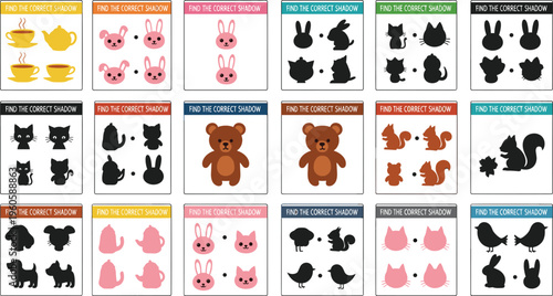 Kids puzzle game collection with matching shadows animals objects and educational activity worksheets cartoon vector illustration set