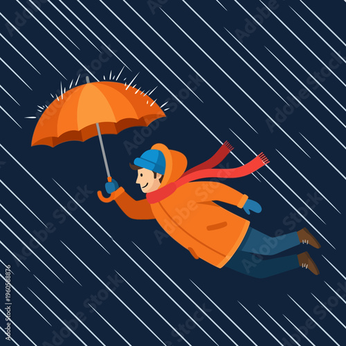 Man in Orange Raincoat Flying with Umbrella Illustration