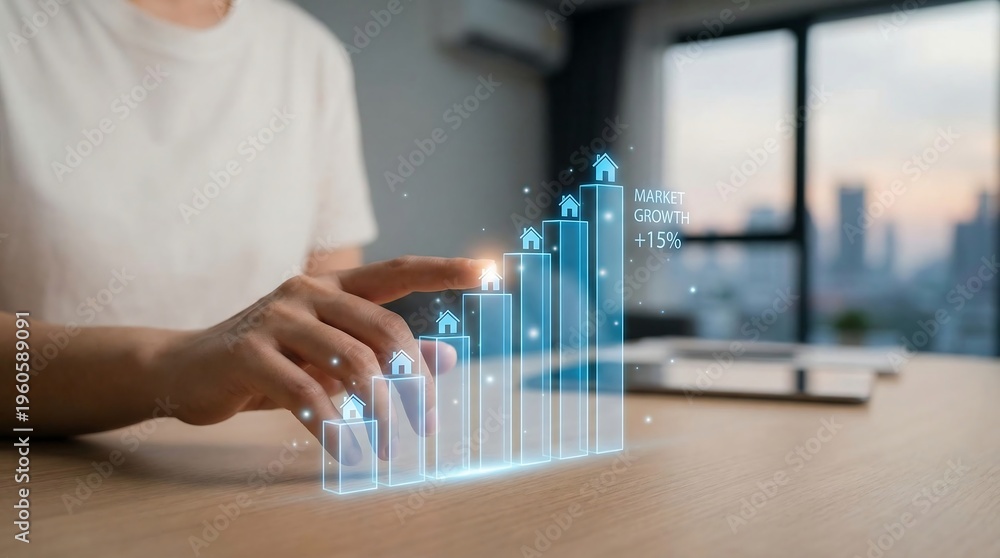 Fototapeta premium Person interacting with virtual graph on desk in modern office
