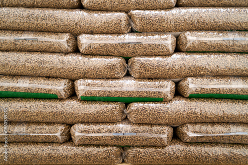 Fotografia Wood pellet bags prepared for winter season