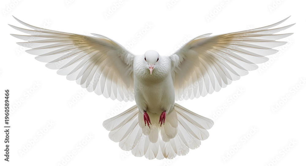 Fototapeta premium White dove flying towards camera with outstretched wings on black background