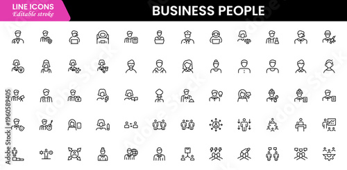 Business people line icons set. Businessman outline icons collection. Teamwork, human resources, meeting, partnership, meeting, work group, success, resume 
