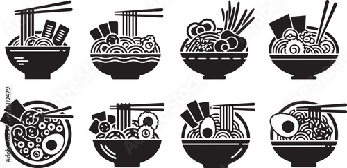 Ramen Bowl Icons Set, Japanese Noodle Soup Vector Silhouettes