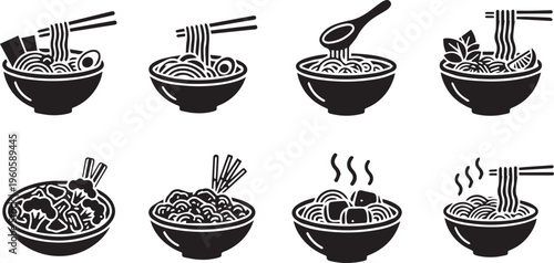 Ramen and Noodle Bowl Icon Set - Japanese Cuisine and Asian Food Vector Symbols