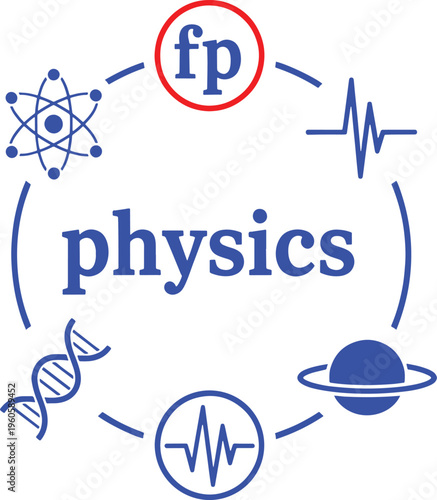 Blue Physics Symbols with Atom D N A Planet and Wave in Circular Arrangement