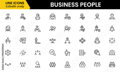 Business people line icons set. Businessman outline icons collection. Teamwork, human resources, meeting, partnership, meeting, work group, success, resume 