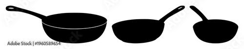 Frying pan set with silhouette highlighting the pan rim and handle featuring cooking, kitchenware, culinary illustration with oil and flame and spices