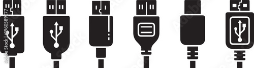 USB Connector Icons Set, Universal Serial Bus Cable Plug Symbols for Data Transfer and Charging