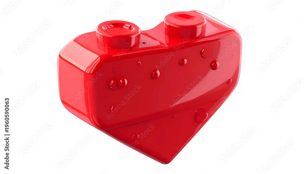 Obraz premium Red heart shape made of plastic building block with water drops on a dark background