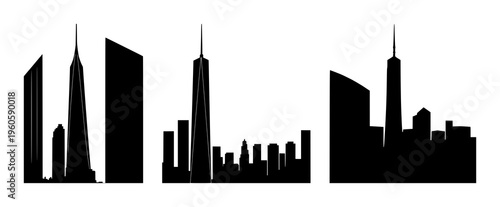 Office skyscraper silhouette set with bold city skyline outline featuring urban architecture, business, night landscape with buildings and towers